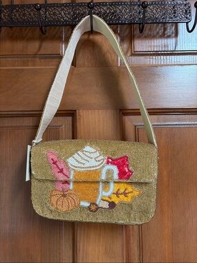 Beaded Autumn Motif Shoulder Bag - Mustard